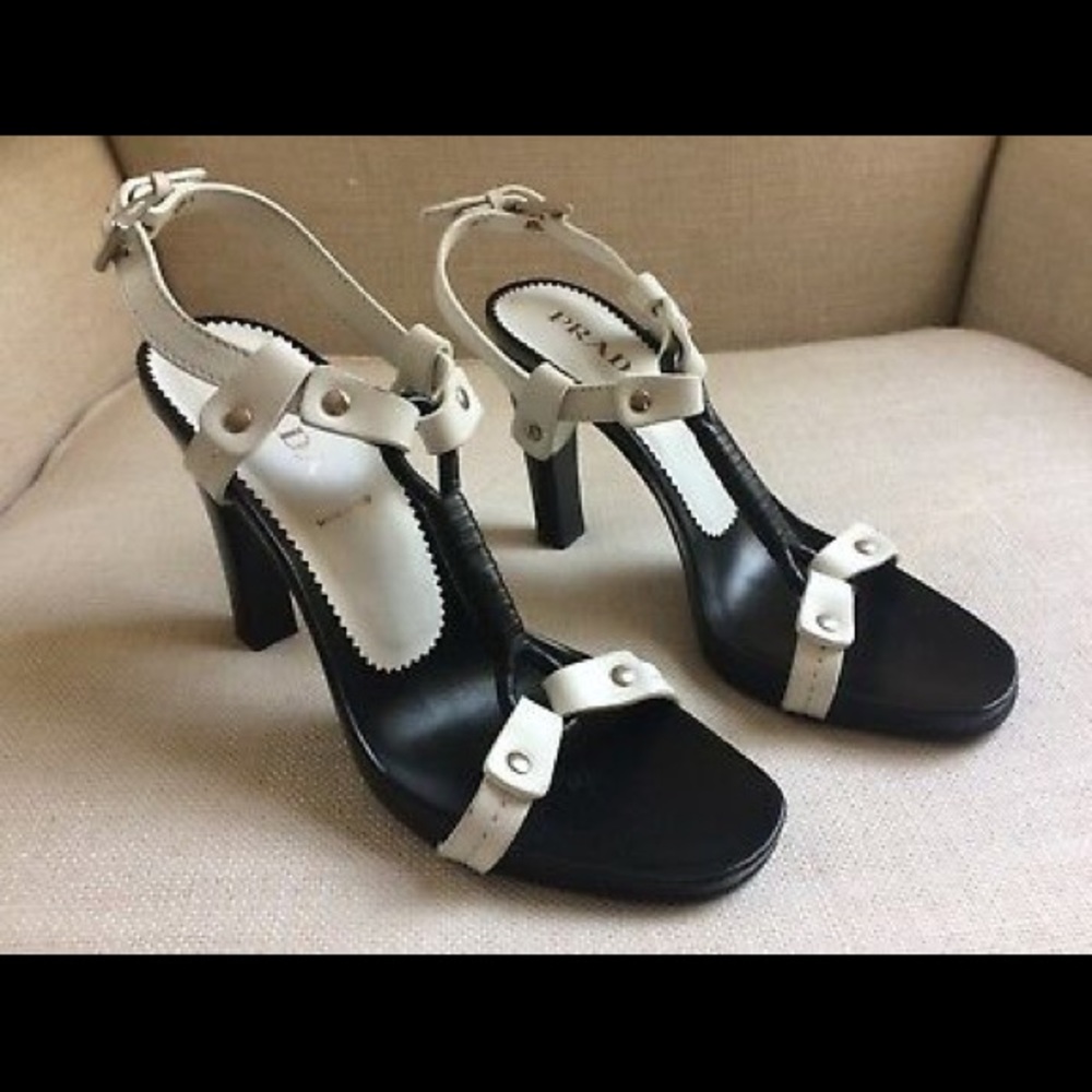 Prada Sandals Black White Leather T Strap Heels